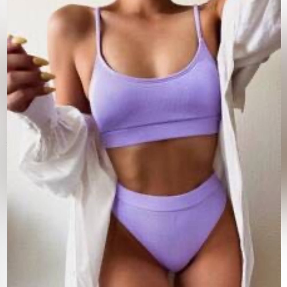 Shein purple ribbed high waist cheeky bikini set adjustable straps large